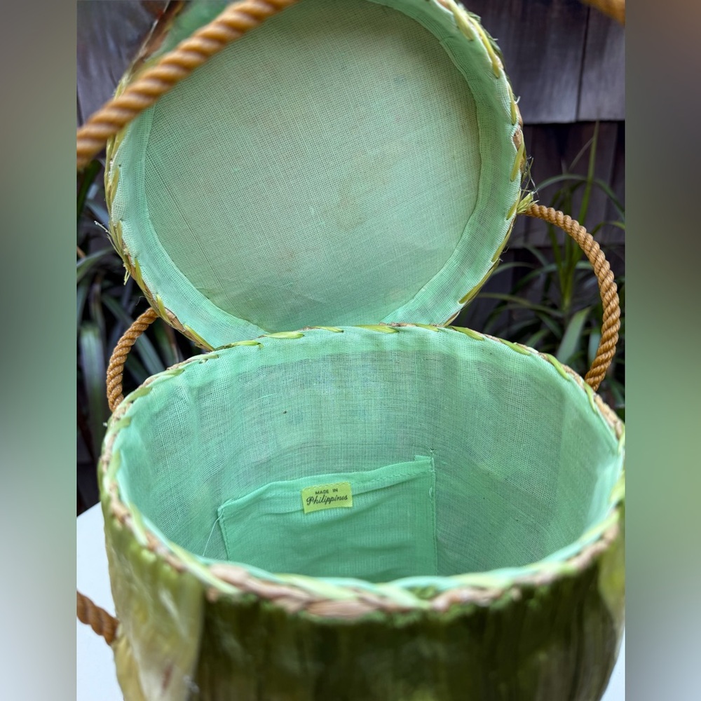 Vintage boho basket tote tall bag floral straw handles pink greens - Picture 9 of 10